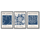 Set of 3 Navy Blue Picasso and Matisse Floral Framed Art Prints with Dark Grey Wooden Frames