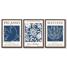 Set of 3 Navy Blue Picasso and Matisse Floral Framed Art Prints with Dark Wood Frames