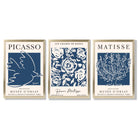 Set of 3 Navy Blue Picasso and Matisse Floral Framed Art Prints with Gold Wood Frames