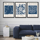 Set of 3 Navy Blue Picasso and Matisse Floral Art Prints in Black Frames | Artze UK