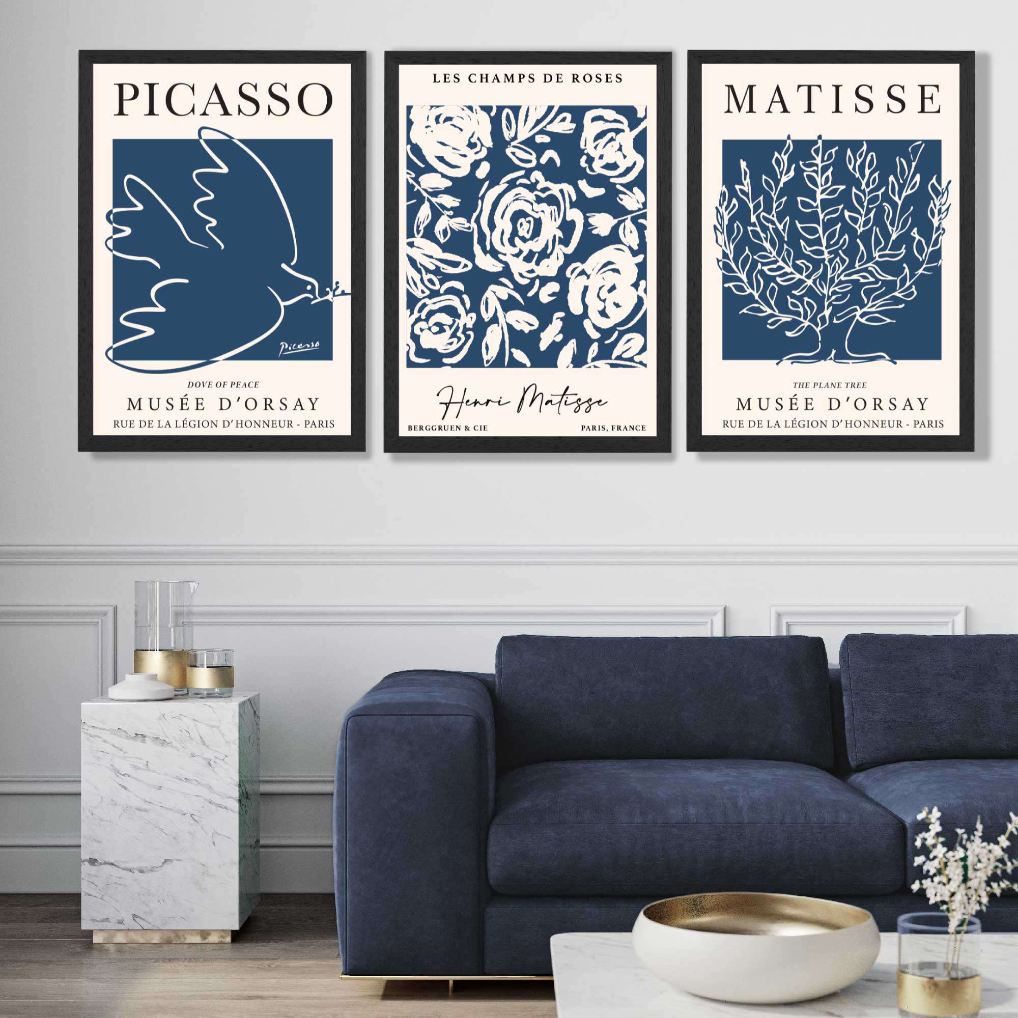 Set of 3 Navy Blue Picasso and Matisse Floral Art Prints in Black Frames | Artze UK