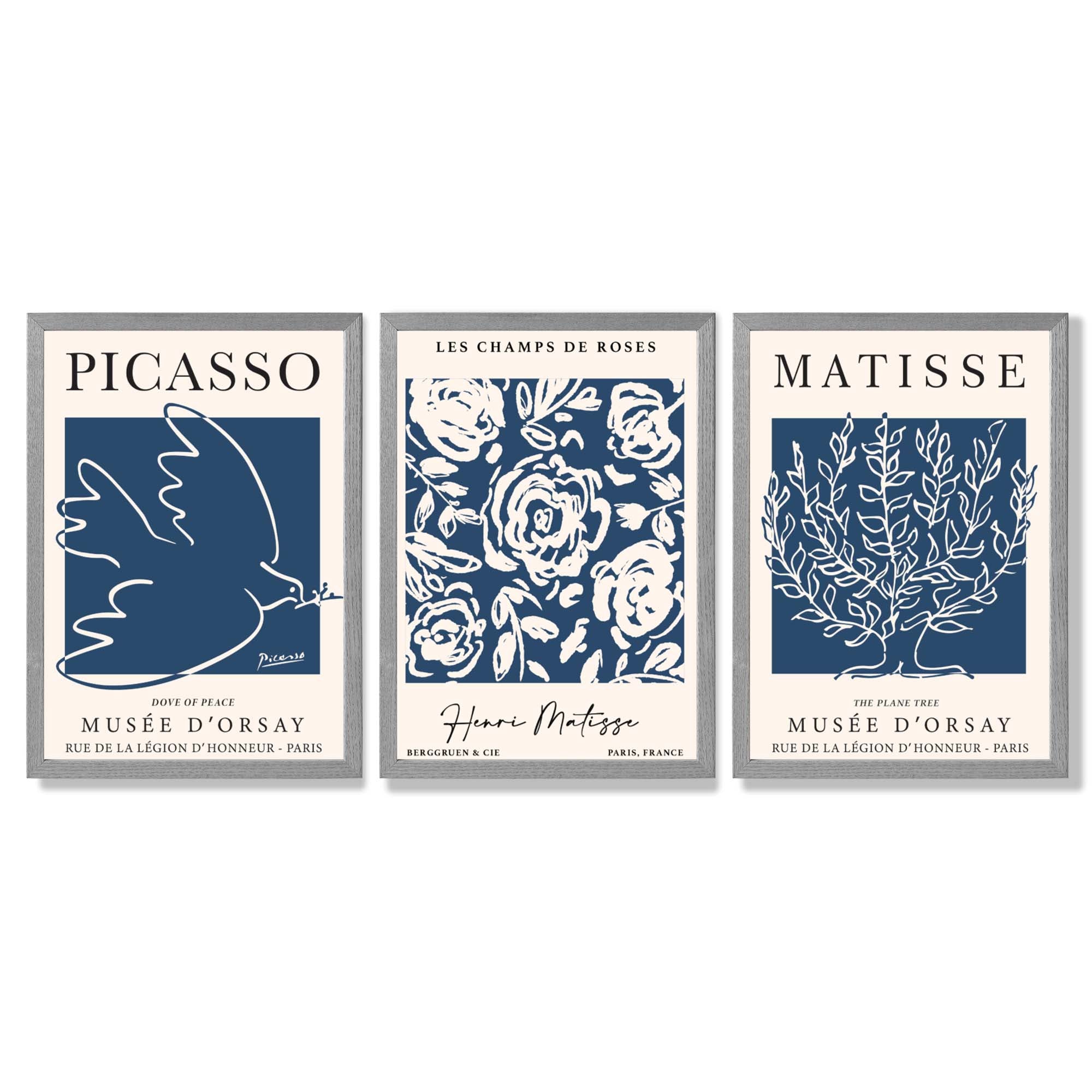 Set of 3 Navy Blue Picasso and Matisse Floral Framed Art Prints with Light Grey Wooden Frames