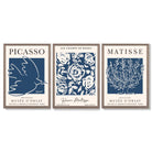 Set of 3 Navy Blue Picasso and Matisse Floral Framed Art Prints with Light Walnut Frames
