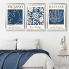 Set of 3 Navy Blue Picasso and Matisse Floral Art Prints in White Frames | Artze UK