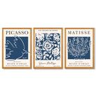 Set of 3 Navy Blue Picasso and Matisse Floral Framed Art Prints with Oak Wooden Frames