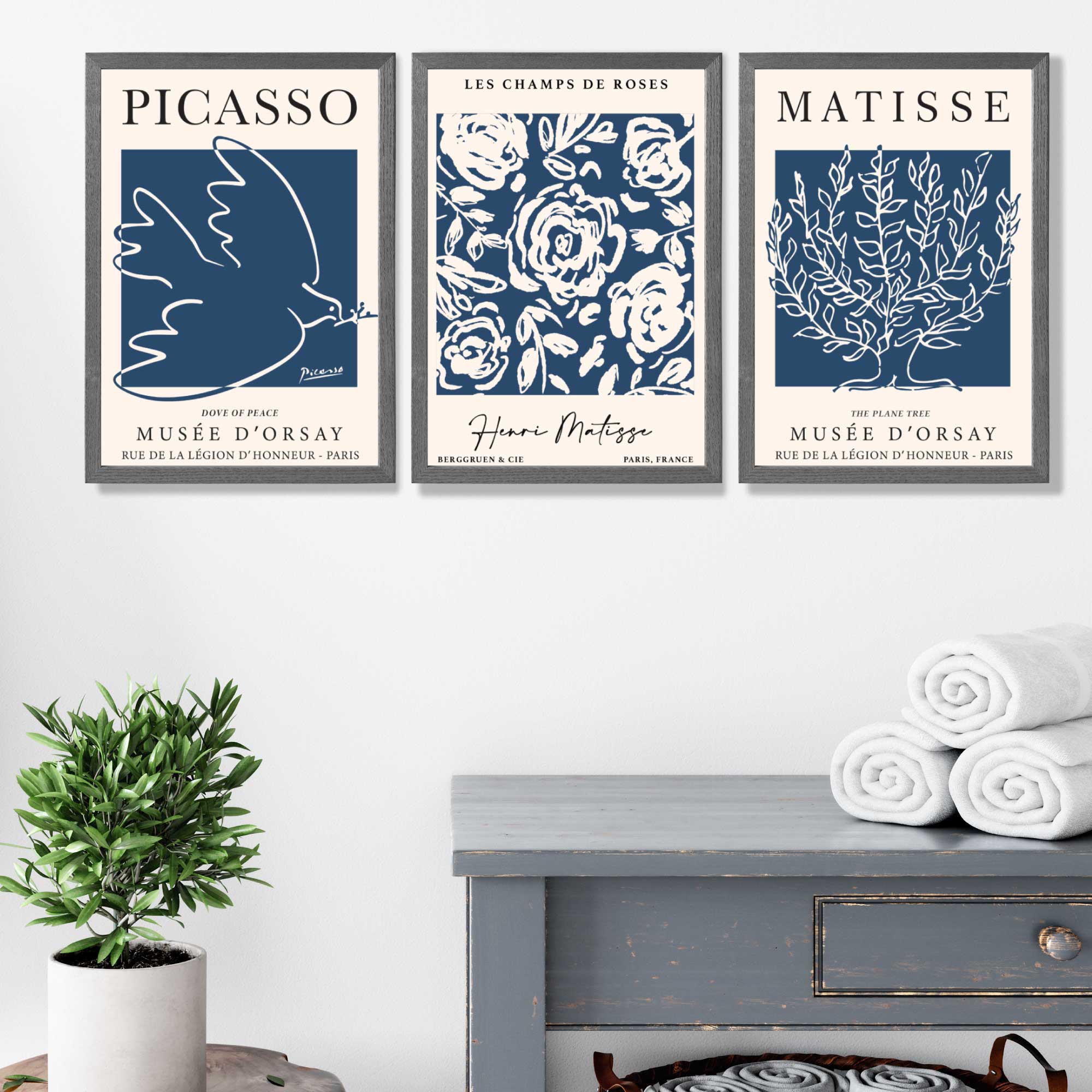 Set of 3 Navy Blue Picasso and Matisse Floral Art Prints in Oak Frames | Artze UK