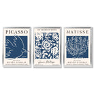 Set of 3 Navy Blue Picasso and Matisse Floral Framed Art Prints with Silver Wood Frames