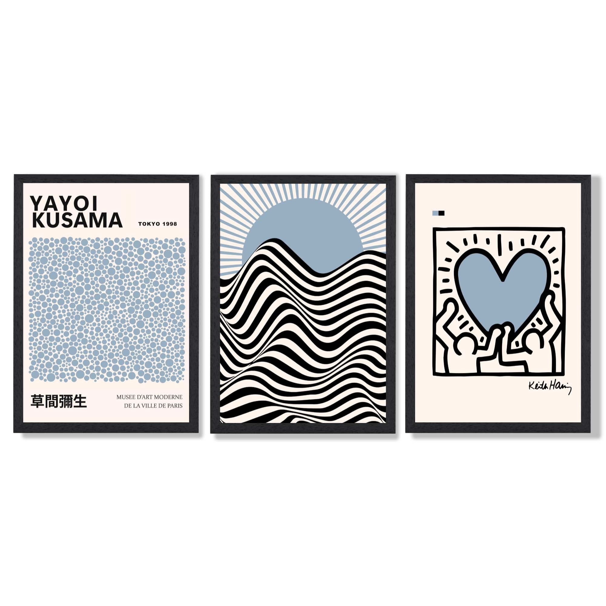 Set of 3 Yayoi Kusama,Keith Haring, Bauhaus Light Blue Framed Art Prints with Black Wooden Frames