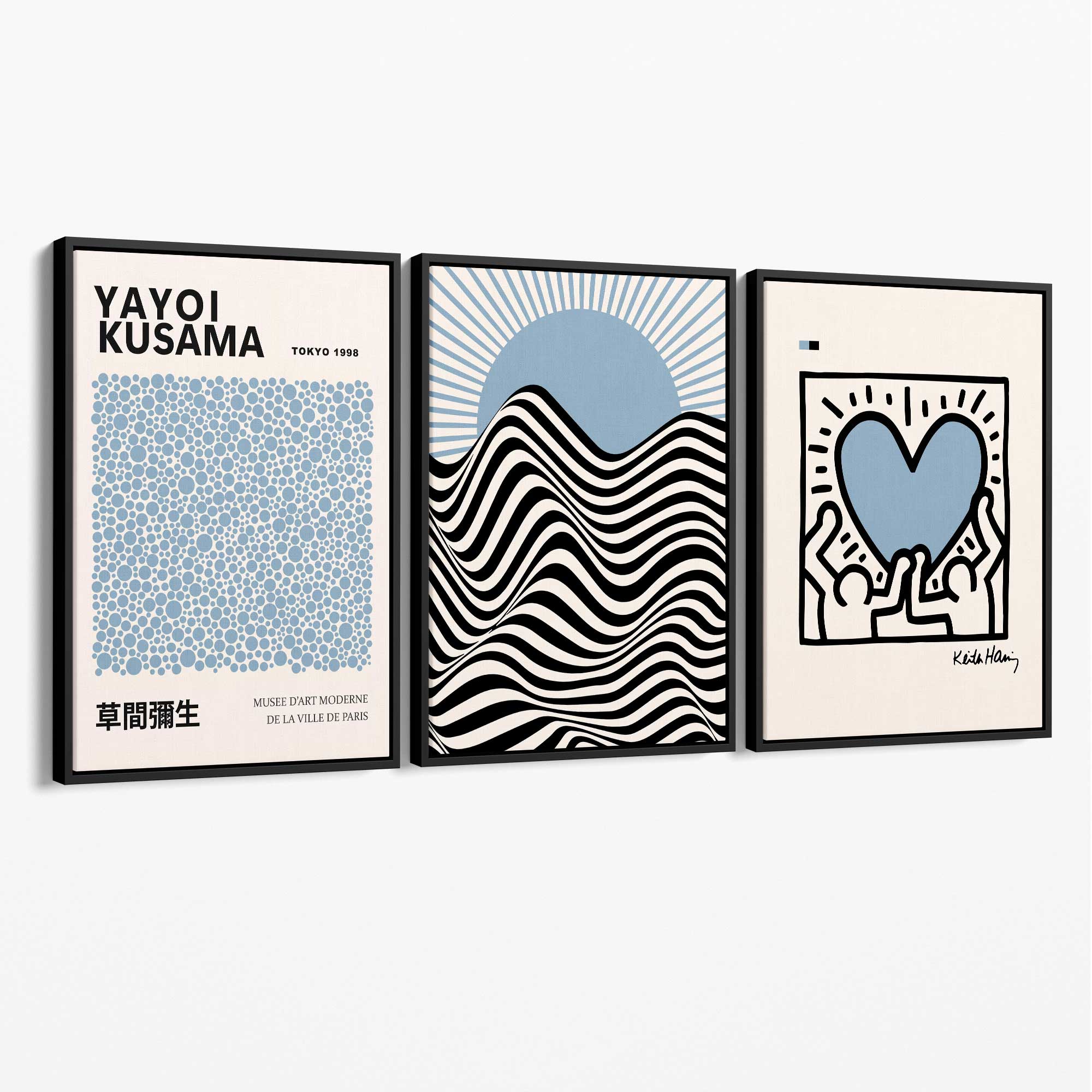 Set of 3 Yayoi Kusama,Keith Haring, Bauhaus Light Blue Canvas Art Prints with Black Float Frame