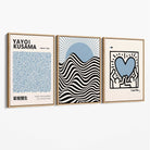 Set of 3 Yayoi Kusama,Keith Haring, Bauhaus Light Blue Canvas Art Prints with Oak Float Frame