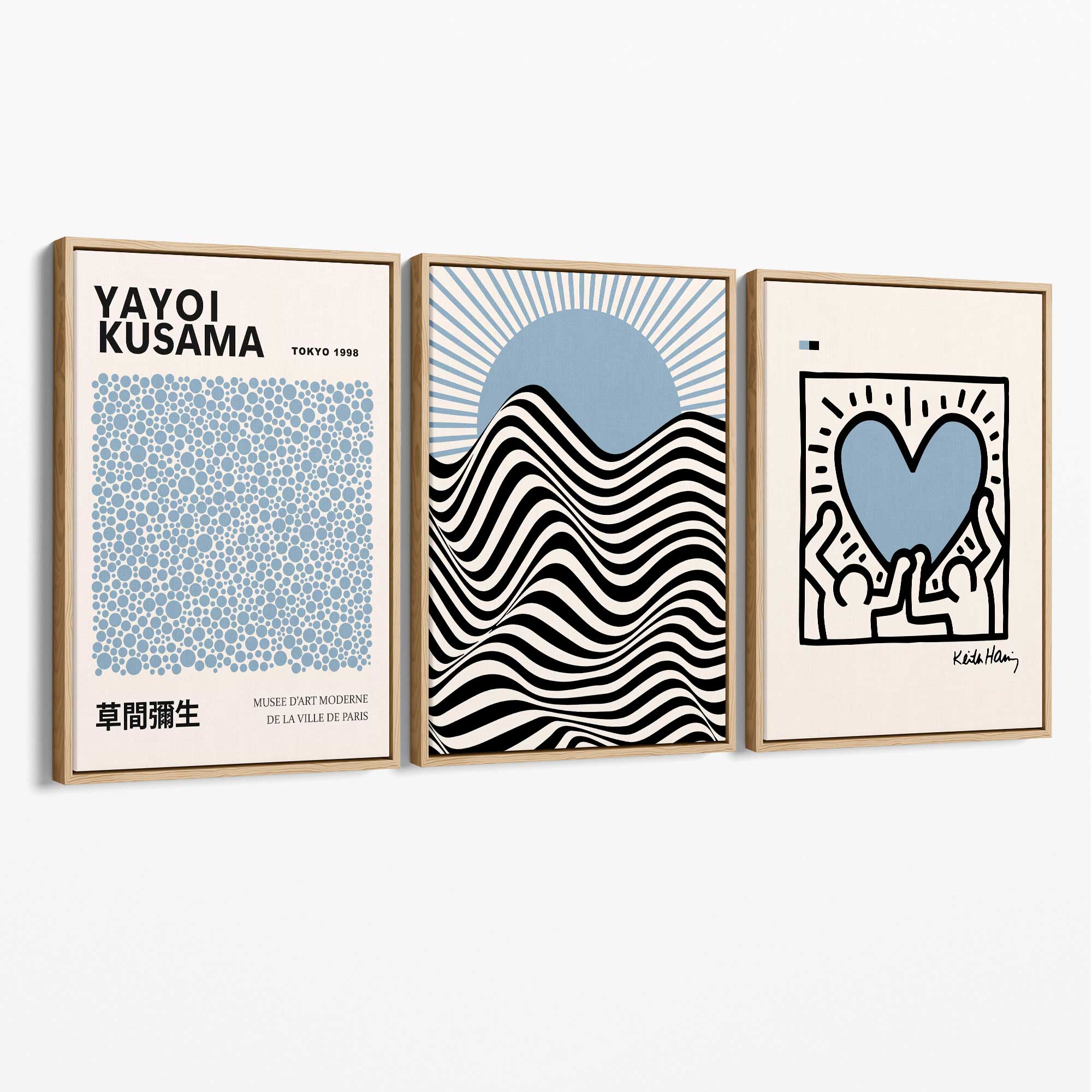 Set of 3 Yayoi Kusama,Keith Haring, Bauhaus Light Blue Canvas Art Prints with Oak Float Frame