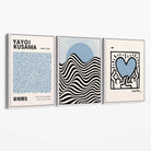 Set of 3 Yayoi Kusama,Keith Haring, Bauhaus Light Blue Canvas Art Prints with White Float Frame