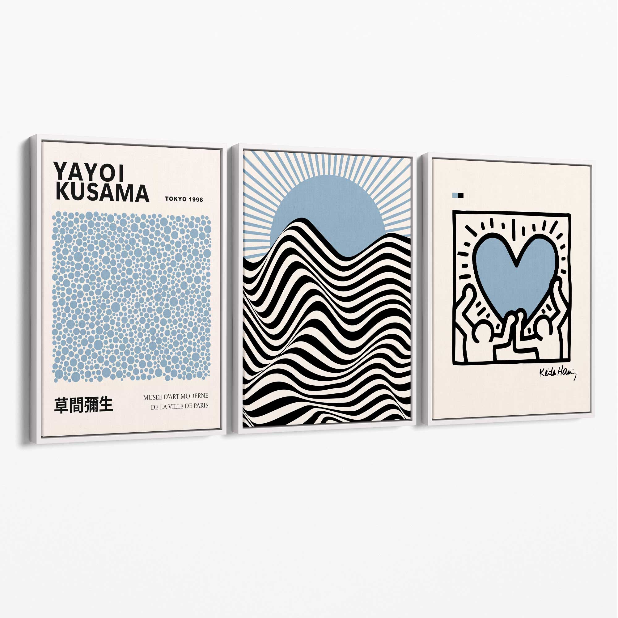 Set of 3 Yayoi Kusama,Keith Haring, Bauhaus Light Blue Canvas Art Prints with White Float Frame