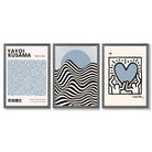 Set of 3 Yayoi Kusama,Keith Haring, Bauhaus Light Blue Framed Art Prints with Dark Grey Wooden Frames
