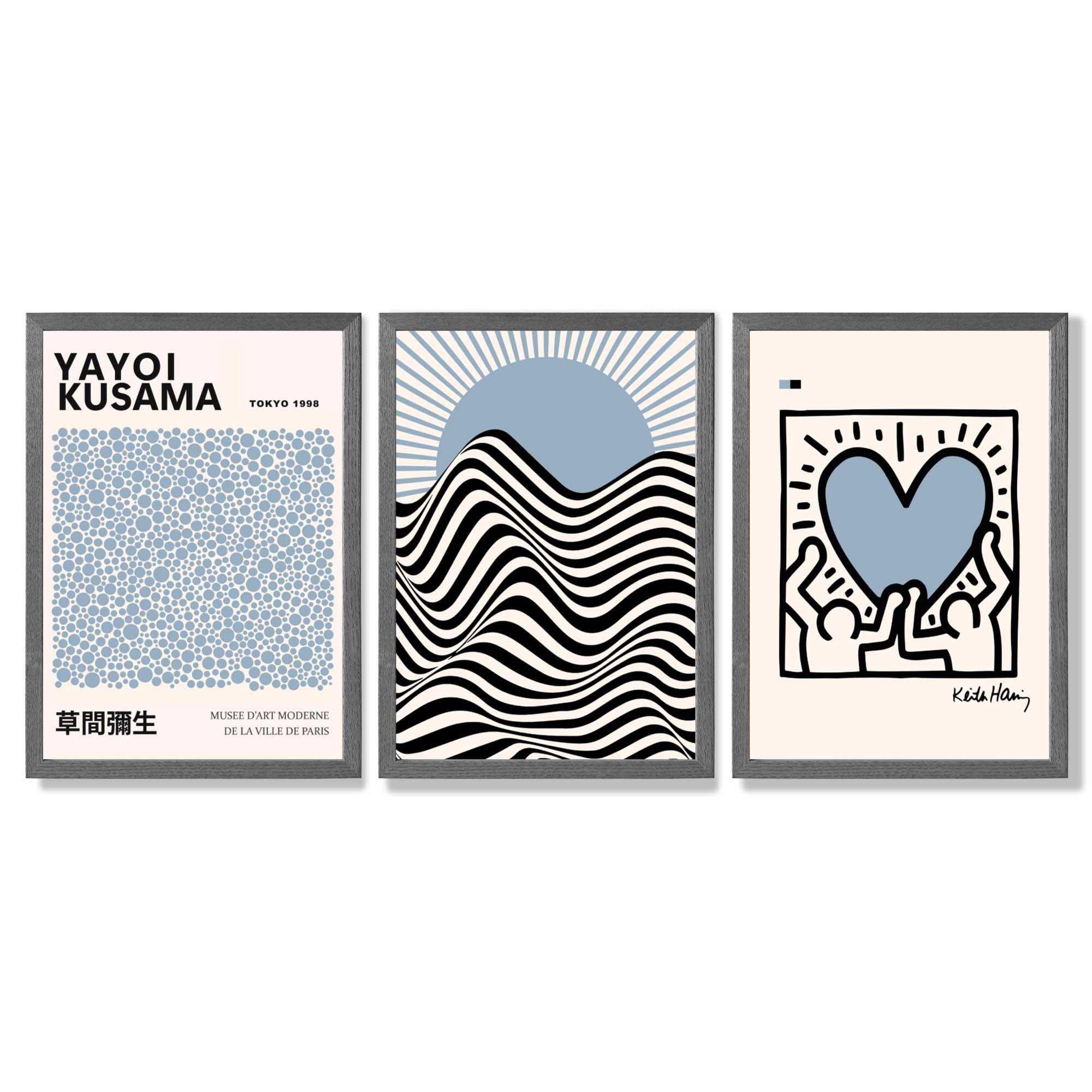 Set of 3 Yayoi Kusama,Keith Haring, Bauhaus Light Blue Framed Art Prints with Dark Grey Wooden Frames