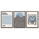 Set of 3 Yayoi Kusama,Keith Haring, Bauhaus Light Blue Framed Art Prints with Dark Wood Frames