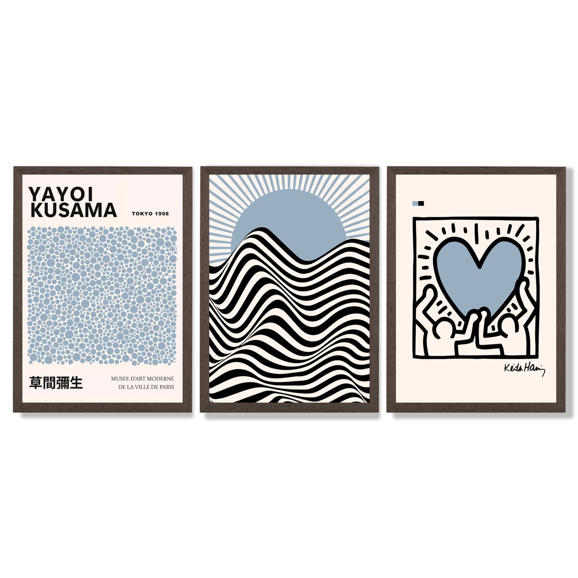 Set of 3 Yayoi Kusama,Keith Haring, Bauhaus Light Blue Framed Art Prints with Dark Wood Frames