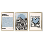 Set of 3 Yayoi Kusama,Keith Haring, Bauhaus Light Blue Framed Art Prints with Gold Wood Frames