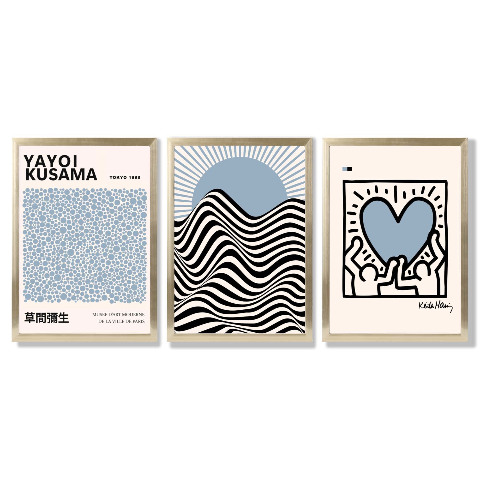 Set of 3 Yayoi Kusama,Keith Haring, Bauhaus Light Blue Framed Art Prints with Gold Wood Frames