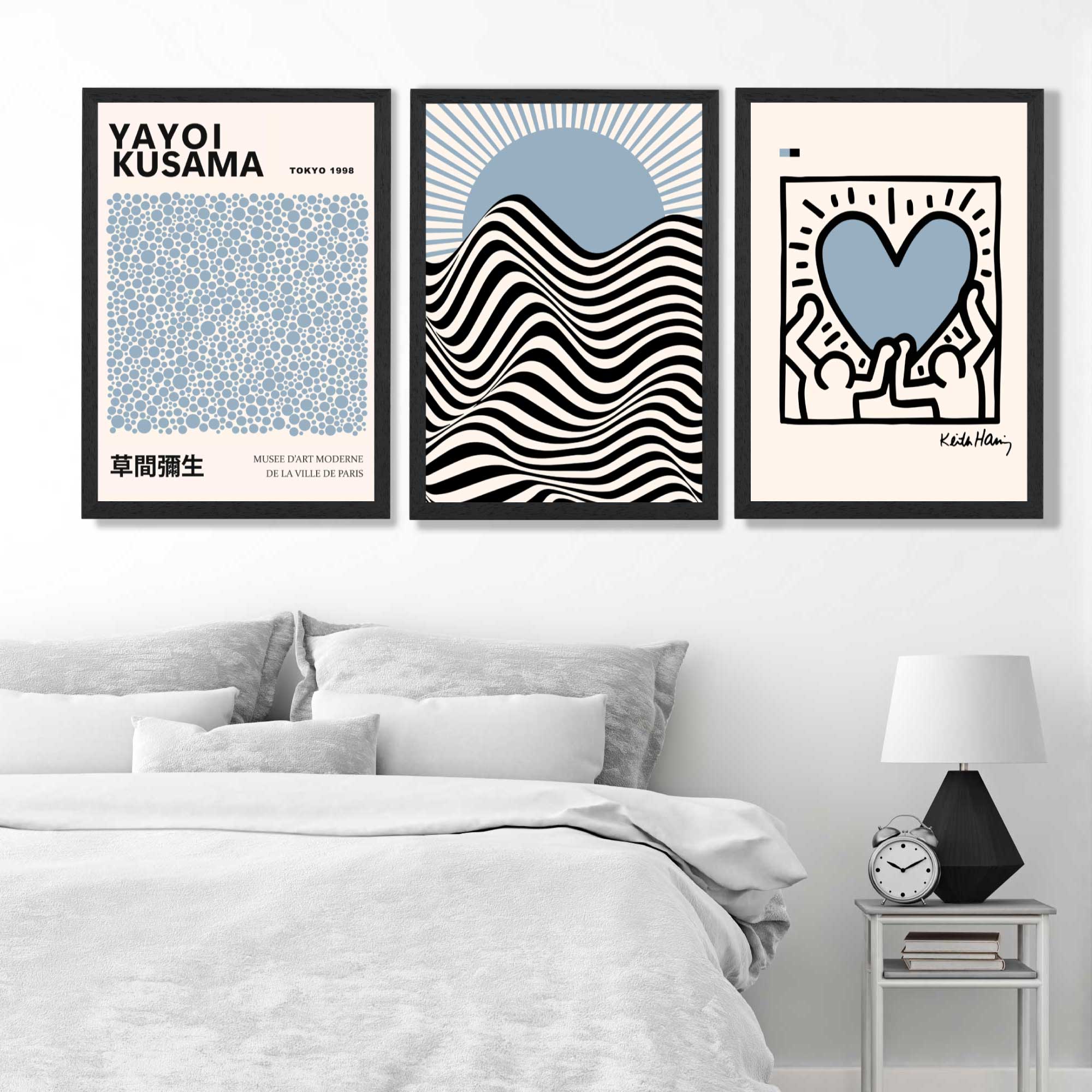 Set of 3 Yayoi Kusama,Keith Haring, Bauhaus Light Blue Art Prints in Black Frames | Artze UK