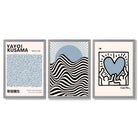 Set of 3 Yayoi Kusama,Keith Haring, Bauhaus Light Blue Framed Art Prints with Light Grey Wooden Frames