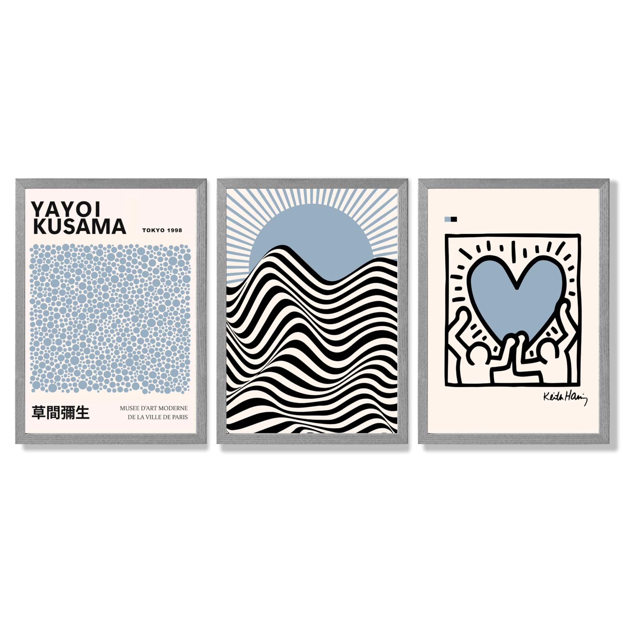 Set of 3 Yayoi Kusama,Keith Haring, Bauhaus Light Blue Framed Art Prints with Light Grey Wooden Frames