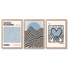 Set of 3 Yayoi Kusama,Keith Haring, Bauhaus Light Blue Framed Art Prints with Light Oak Frames