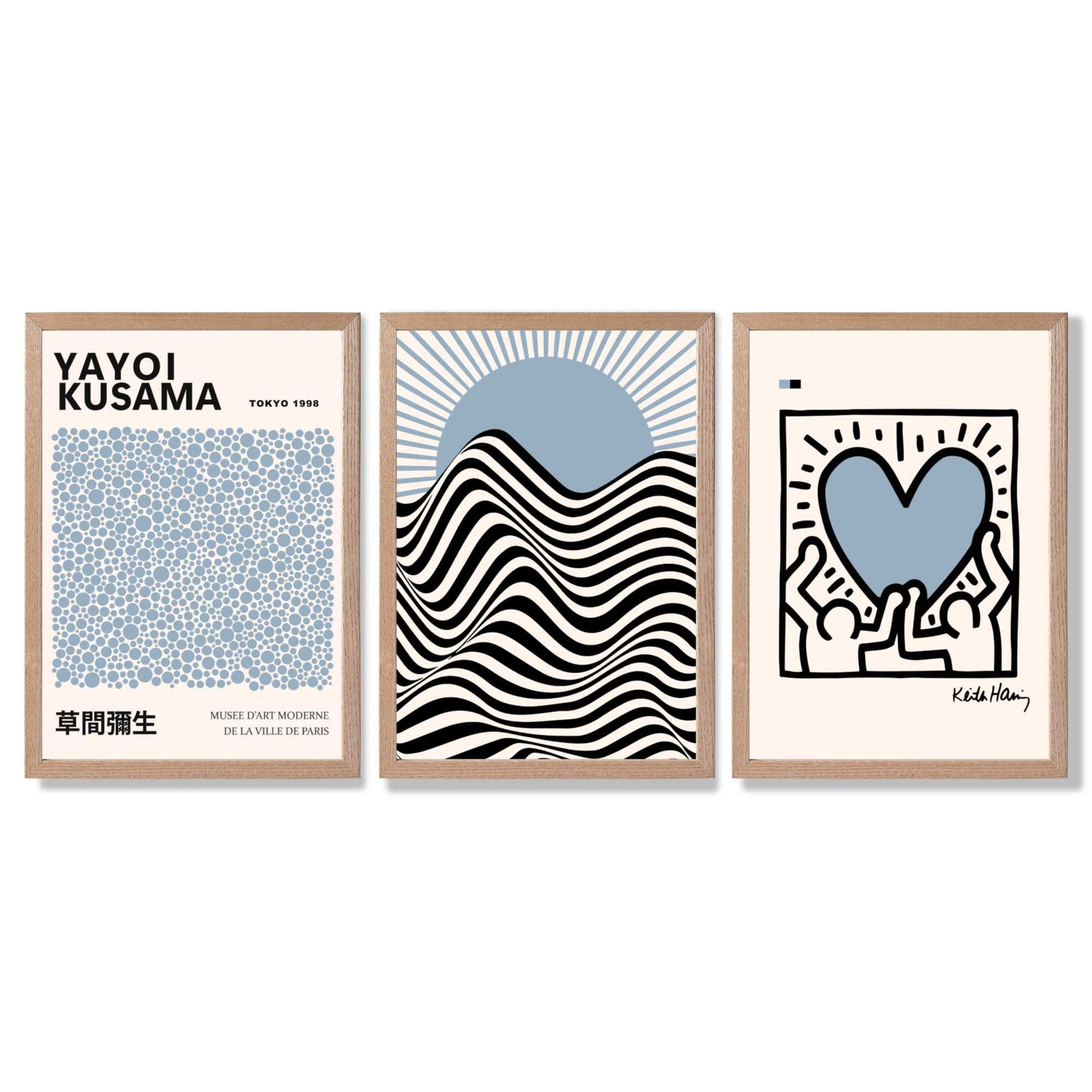 Set of 3 Yayoi Kusama,Keith Haring, Bauhaus Light Blue Framed Art Prints with Light Oak Frames