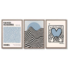 Set of 3 Yayoi Kusama,Keith Haring, Bauhaus Light Blue Framed Art Prints with Light Walnut Frames