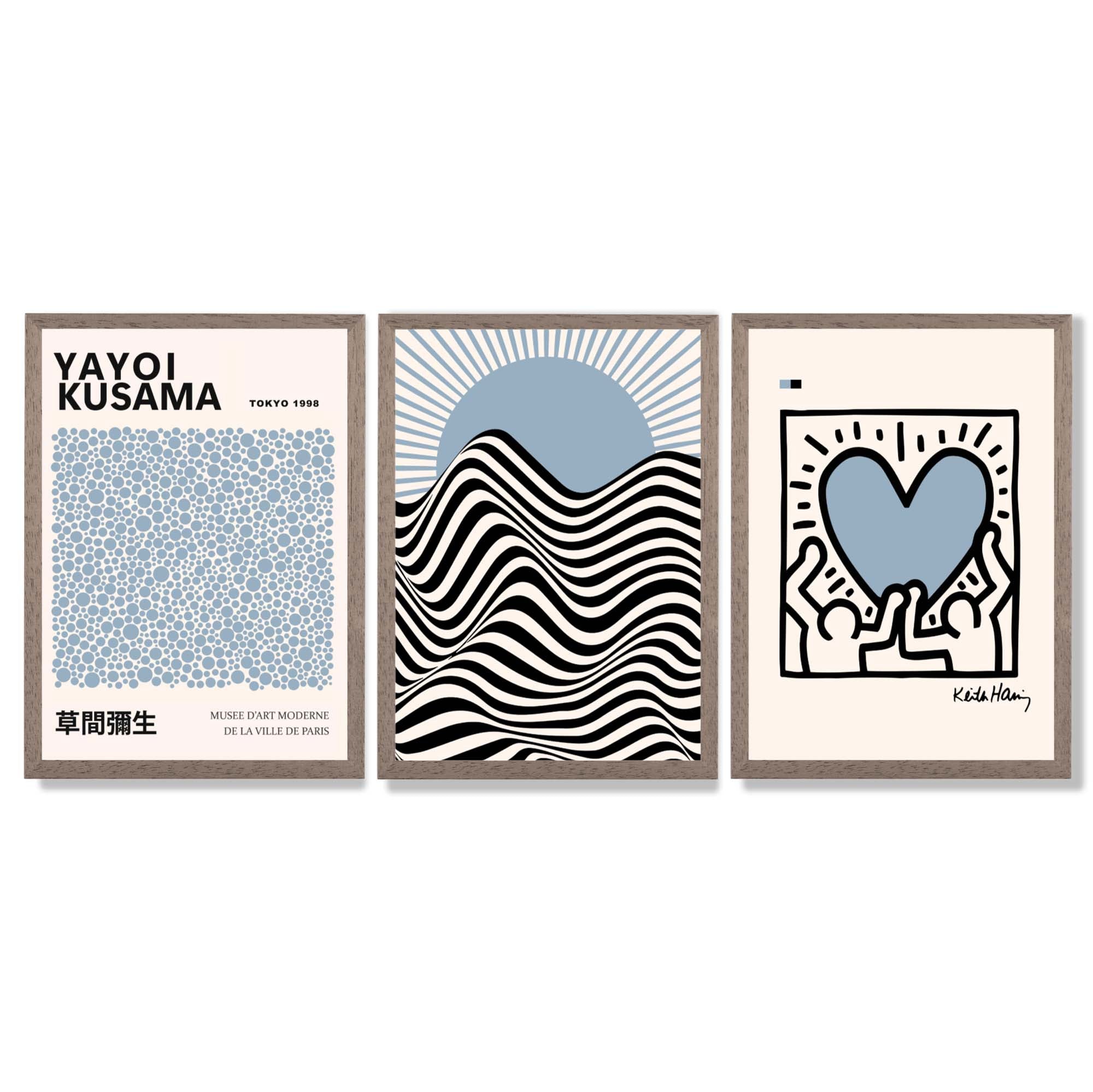 Set of 3 Yayoi Kusama,Keith Haring, Bauhaus Light Blue Framed Art Prints with Light Walnut Frames