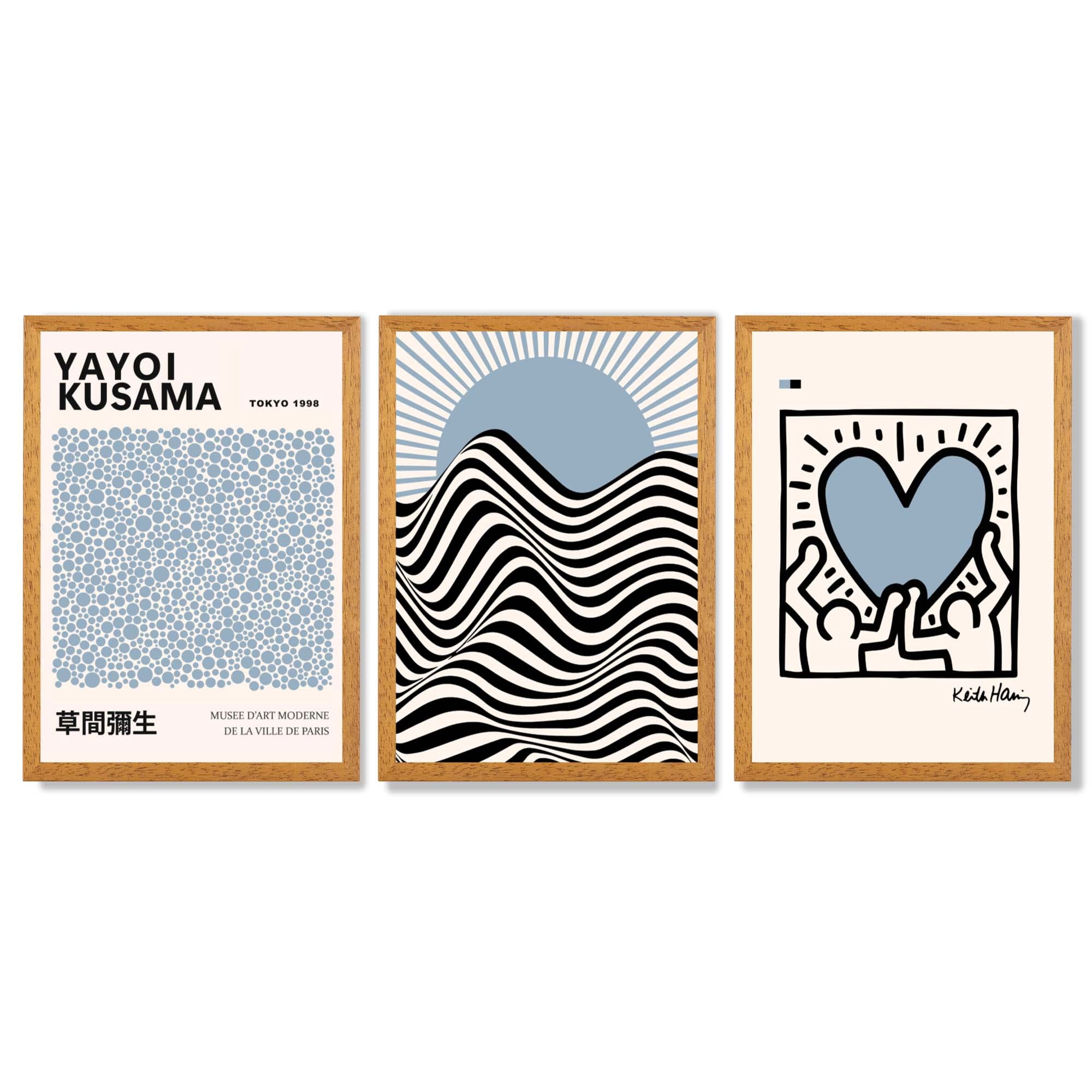 Set of 3 Yayoi Kusama,Keith Haring, Bauhaus Light Blue Framed Art Prints with Oak Wooden Frames