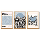 Set of 3 Yayoi Kusama,Keith Haring, Bauhaus Light Blue Framed Art Prints with Oak Wooden Frames