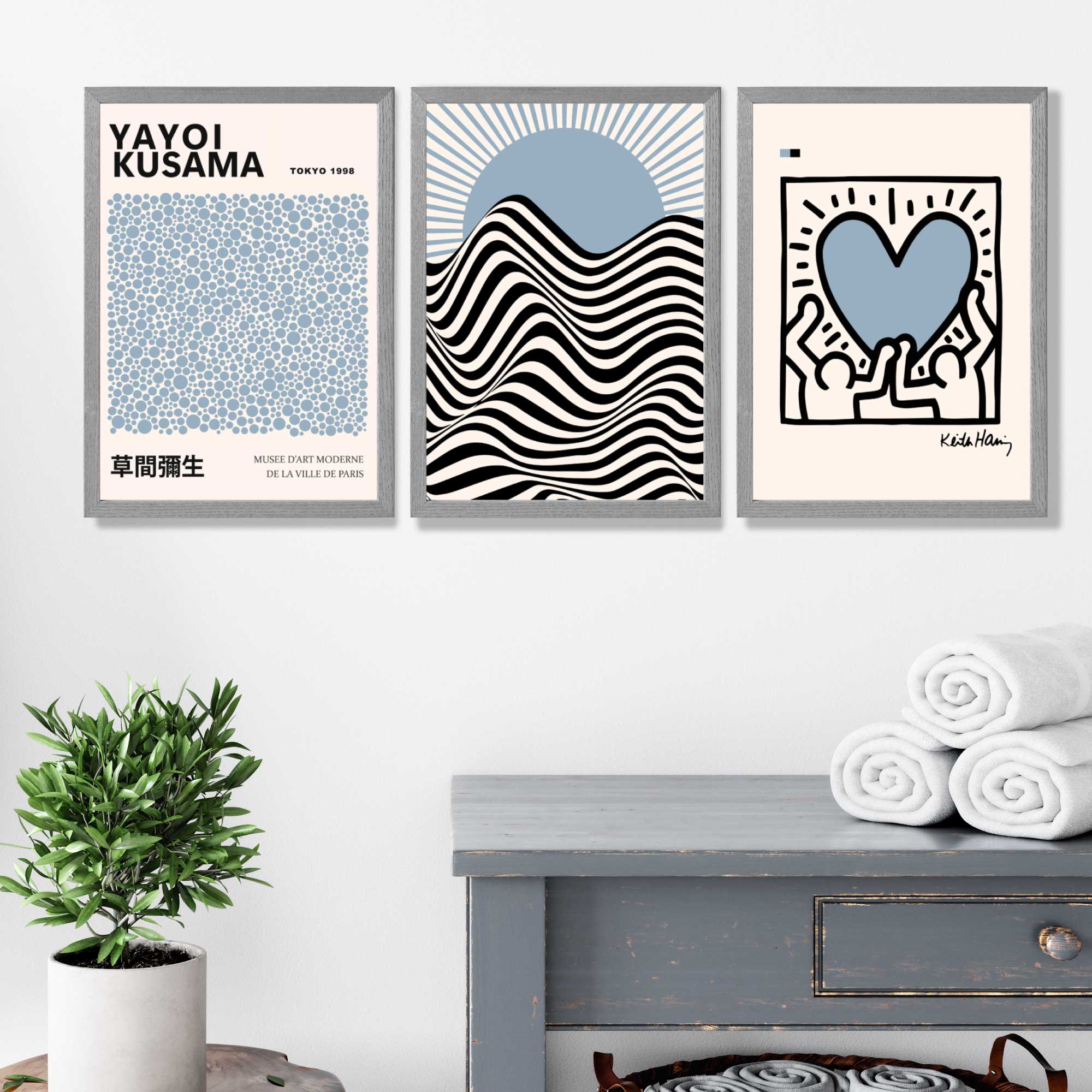 Set of 3 Yayoi Kusama,Keith Haring, Bauhaus Light Blue Art Prints in Oak Frames | Artze UK