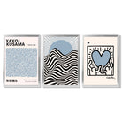 Set of 3 Yayoi Kusama,Keith Haring, Bauhaus Light Blue Framed Art Prints with Silver Wood Frames
