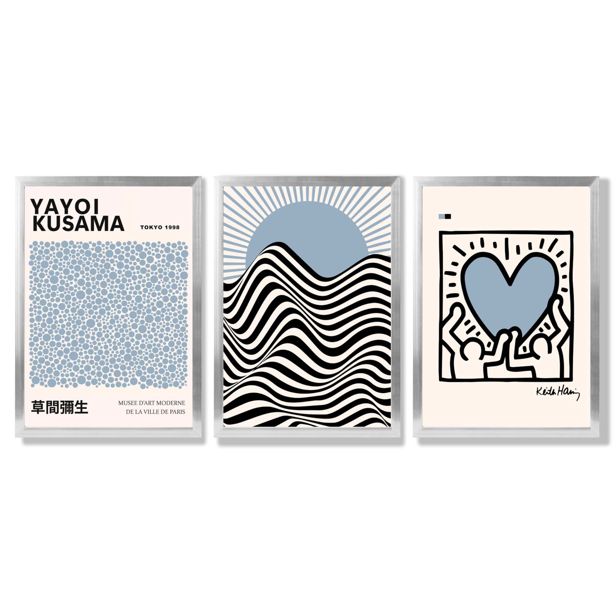 Set of 3 Yayoi Kusama,Keith Haring, Bauhaus Light Blue Framed Art Prints with Silver Wood Frames