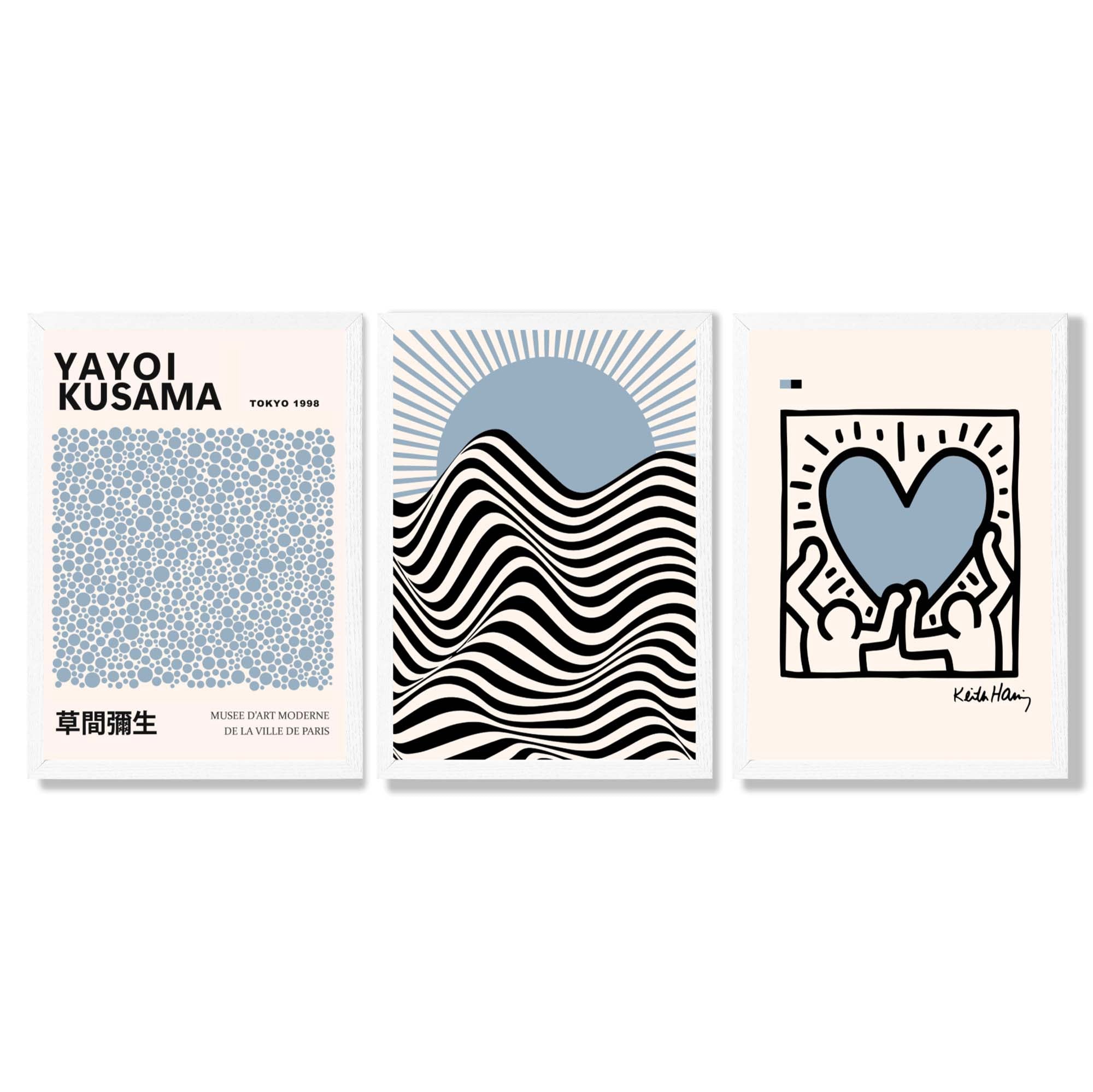 Set of 3 Yayoi Kusama,Keith Haring, Bauhaus Light Blue Framed Art Prints with White Wooden Frames