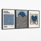 Set of 3 Yayoi Kusama,Keith Haring, Bauhaus Navy Blue Canvas Art Prints with Black Float Frame