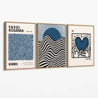 Set of 3 Yayoi Kusama,Keith Haring, Bauhaus Navy Blue Canvas Art Prints with Oak Float Frame