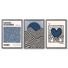Set of 3 Yayoi Kusama,Keith Haring, Bauhaus Navy Blue Framed Art Prints with Dark Grey Wooden Frames