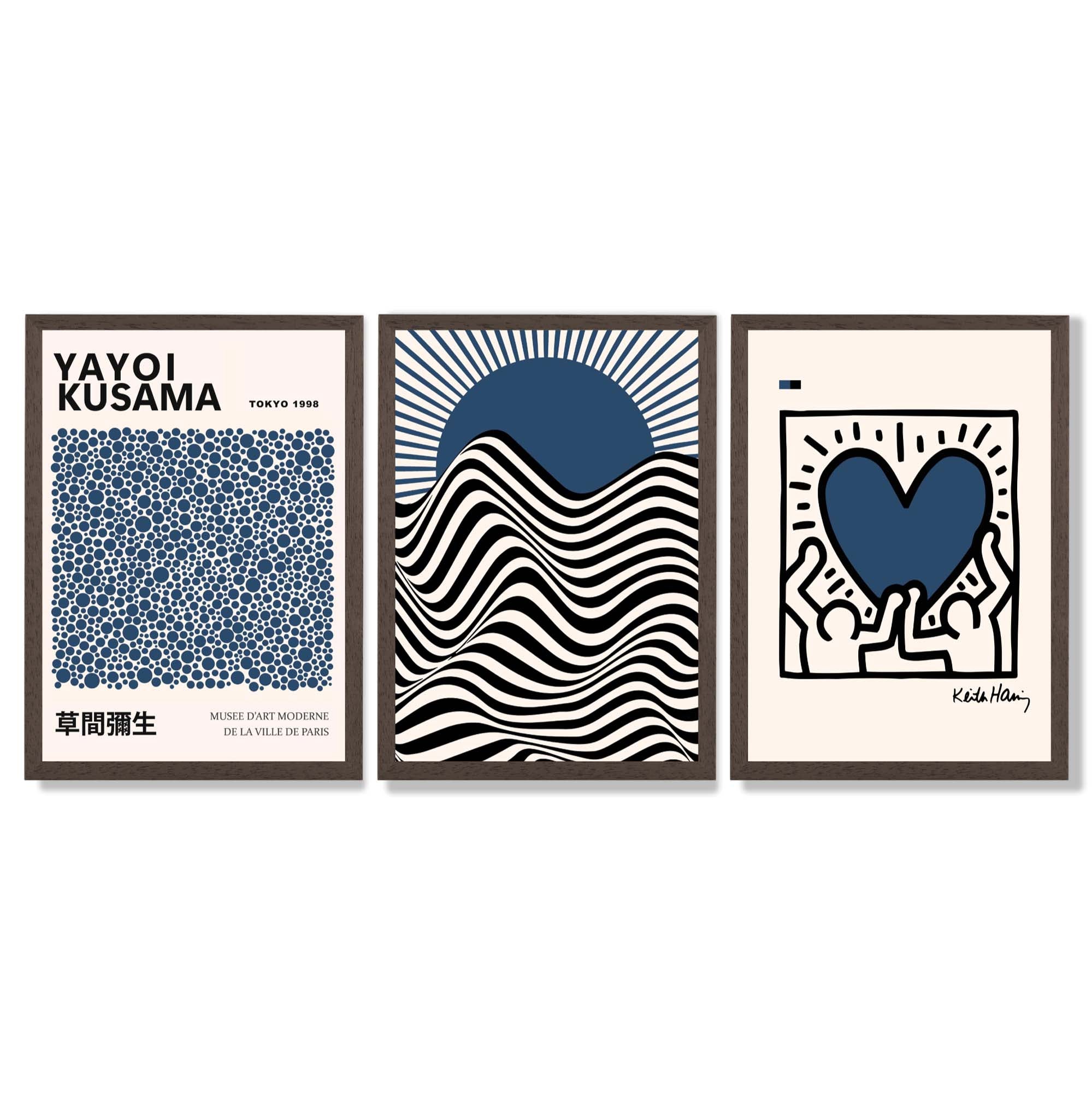 Set of 3 Yayoi Kusama,Keith Haring, Bauhaus Navy Blue Framed Art Prints with Dark Wood Frames