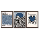 Set of 3 Yayoi Kusama,Keith Haring, Bauhaus Navy Blue Framed Art Prints with Dark Wood Frames