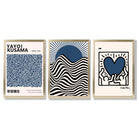 Set of 3 Yayoi Kusama,Keith Haring, Bauhaus Navy Blue Framed Art Prints with Gold Wood Frames