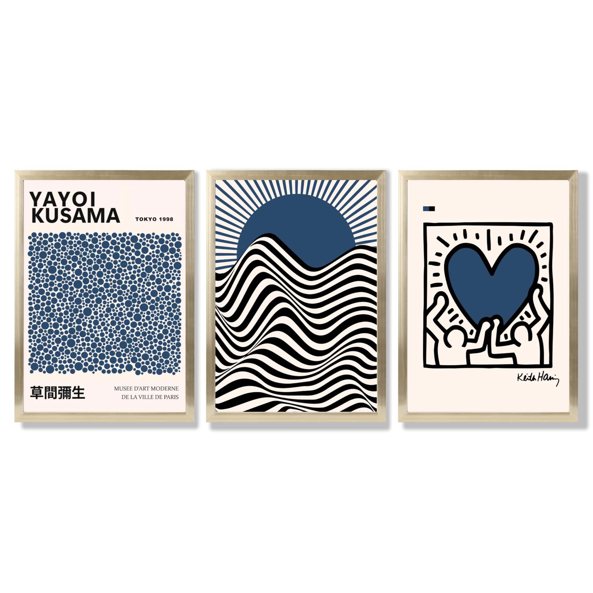 Set of 3 Yayoi Kusama,Keith Haring, Bauhaus Navy Blue Framed Art Prints with Gold Wood Frames