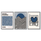 Set of 3 Yayoi Kusama,Keith Haring, Bauhaus Navy Blue Framed Art Prints with Light Grey Wooden Frames