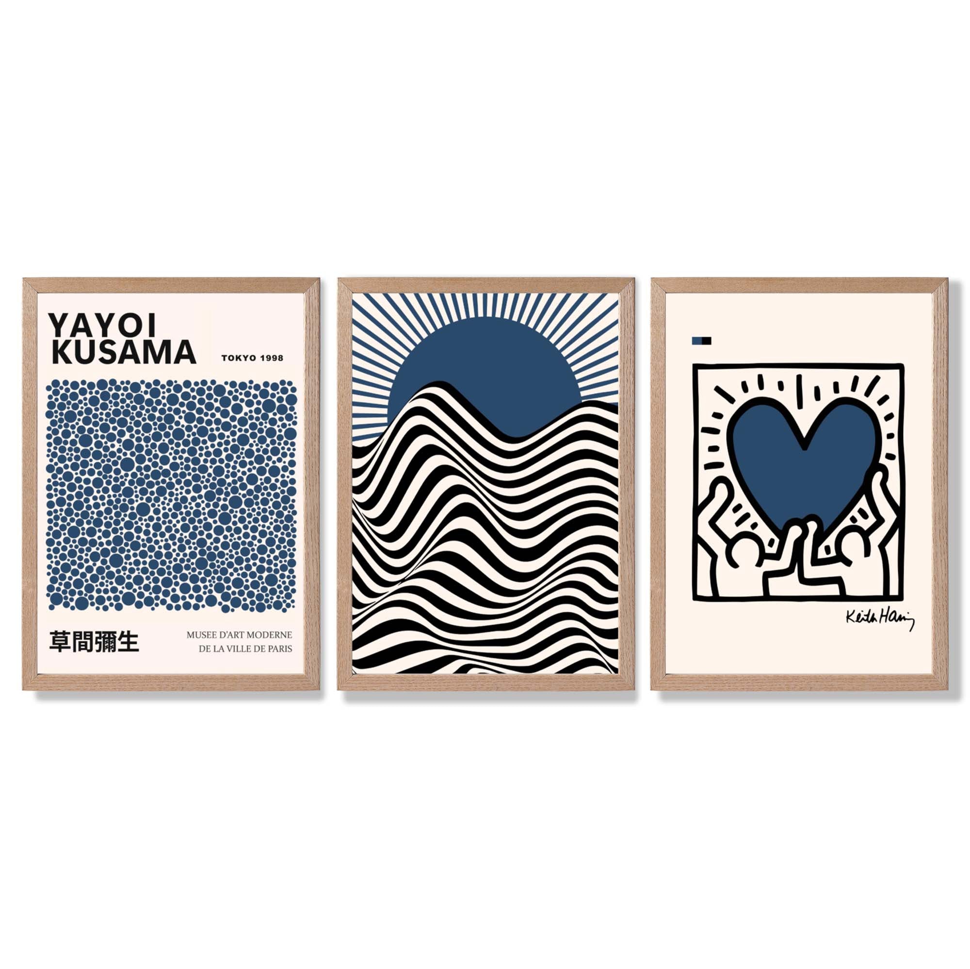 Set of 3 Yayoi Kusama,Keith Haring, Bauhaus Navy Blue Framed Art Prints with Light Oak Frames