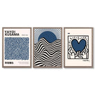 Set of 3 Yayoi Kusama,Keith Haring, Bauhaus Navy Blue Framed Art Prints with Light Walnut Frames