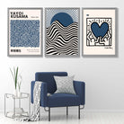 Set of 3 Yayoi Kusama,Keith Haring, Bauhaus Navy Blue Art Prints in White Frames | Artze UK