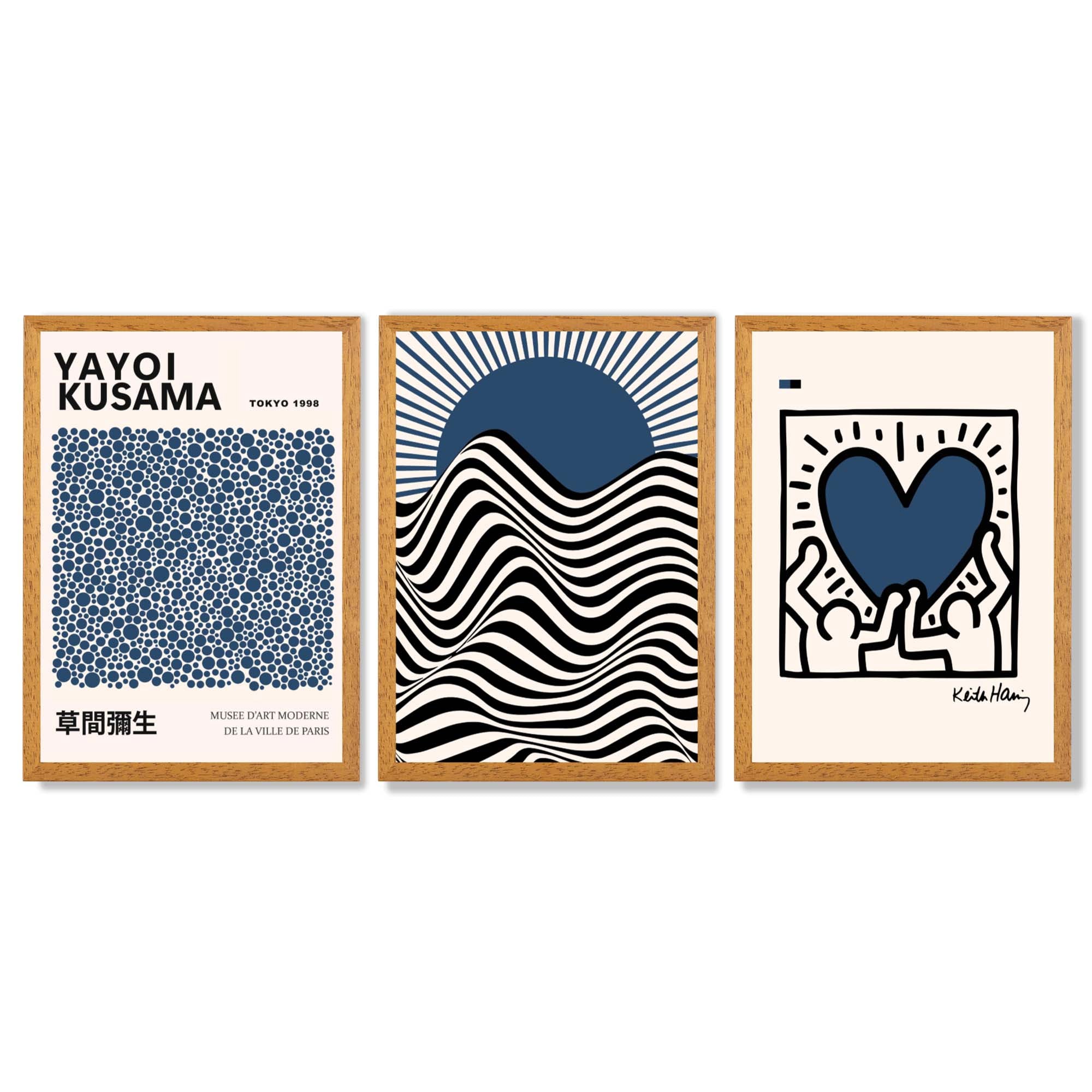 Set of 3 Yayoi Kusama,Keith Haring, Bauhaus Navy Blue Framed Art Prints with Oak Wooden Frames