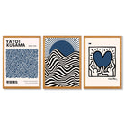 Set of 3 Yayoi Kusama,Keith Haring, Bauhaus Navy Blue Framed Art Prints with Oak Wooden Frames