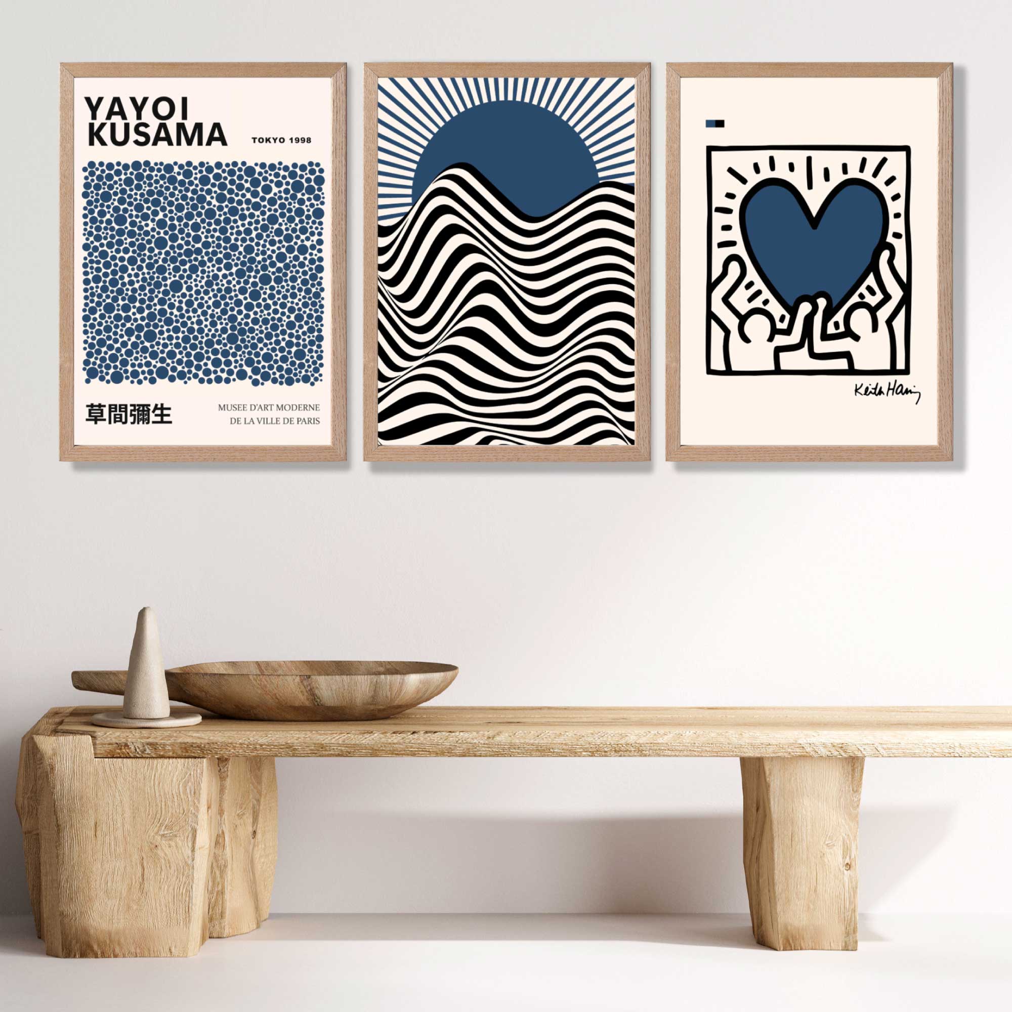 Set of 3 Yayoi Kusama,Keith Haring, Bauhaus Navy Blue Art Prints in Oak Frames | Artze UK